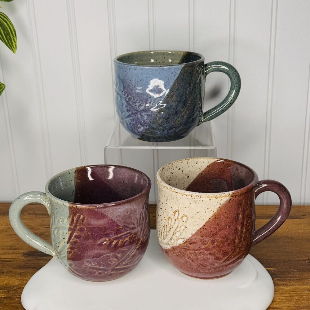 3 Studio Art Pottery Belly Mugs Green Mint Burgundy Blue Signed Jen Nolan